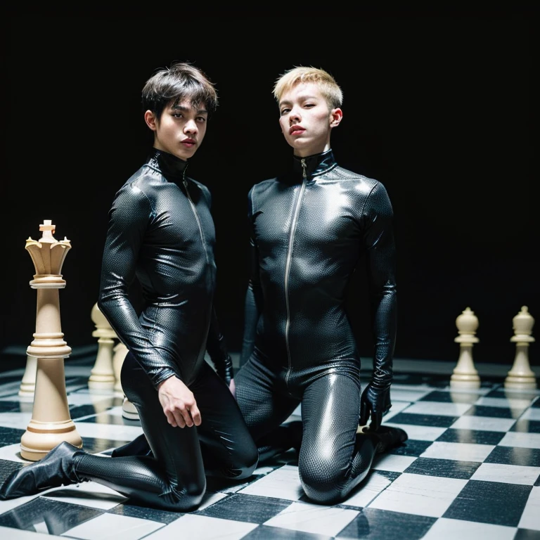 (masterpiece, best quality, dreamlike, hyperrealistic, 2boys, weak androgynous males, ballet tights, male crotch bulge, chess ballet, checkmate, white lost, black pawn takes white king:1.35)