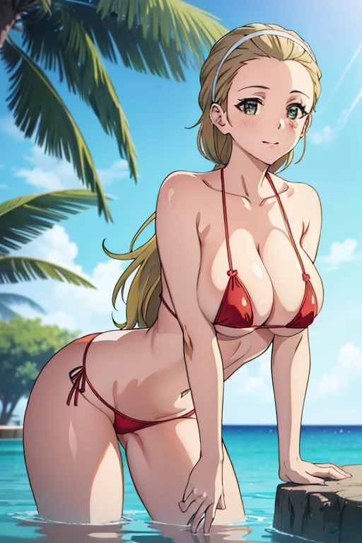 ((masterpiece, top-quality, detaile, hight resolution, extremely delicate and beautiful, anime screen cap, anime colours, 8k, photorealistic)), (red Micro Bikini:1.3)、(huge drooping breasts:1.5), (Leaning forward:1.5), akebi sasaki, hairband, 1girl, (), dark green eyes, smile, blush, (cleavage:1.5, Hands down:1.3, Upper body:1.5, breasts forcus), ((perfect detailed anatomy, Beautiful details eyes,&hair, beautiful face, beautiful detailed breast&body, Shiny skin)), in poolside, Sweat,