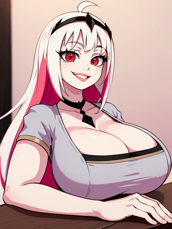 Highly detailed, High Quality, Masterpiece, beautiful, Nikusa, 1girl, solo, smile, Lips are closed, colored inner hair, pink colored inner hair, red eyes, white hair, (gigantic breasts), simple background, elbows on table, indoors, upper body, white clothes with a black line