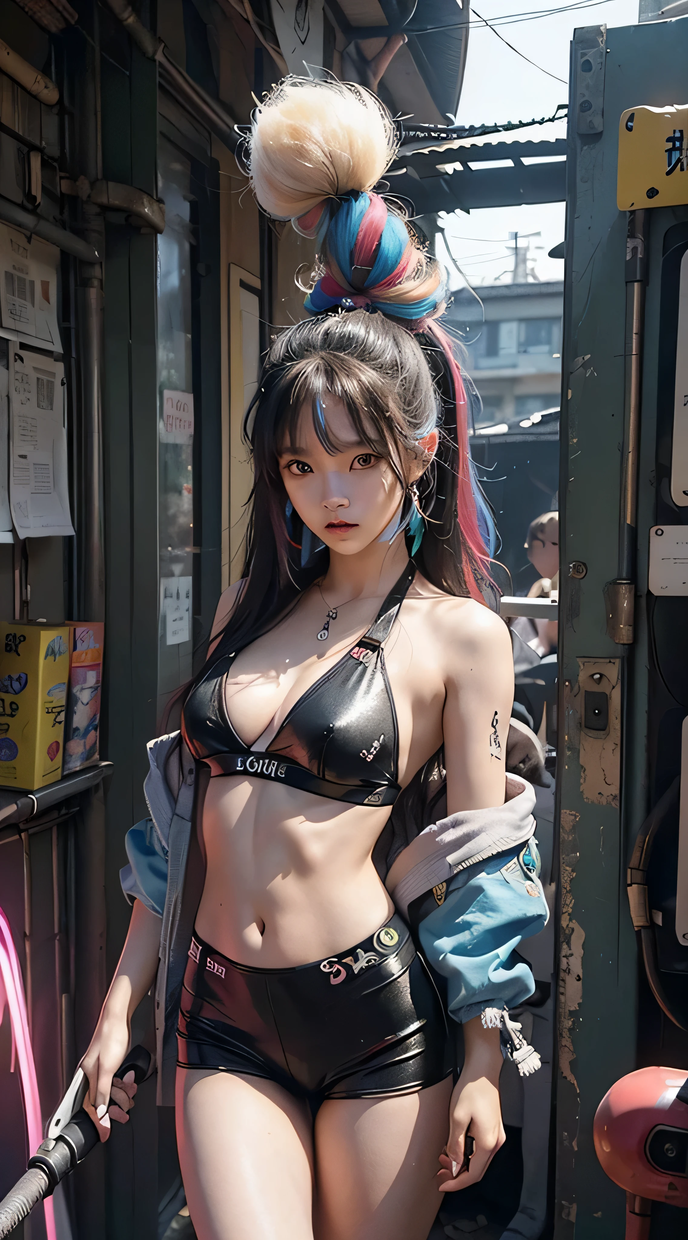 (Foto RAW, korean model, kpop, twice, blackpink, Jisoo, best quality, master part:1.2), (Realistic, photo-Realistic:1.4),(master part:1.4),(best quality:1.4), ((gato cyberpunk sexy bonito)), ((corpo esguio)), seios grandes, :d, (banglush, ((arreio corporal colorido)), ((dynamic pose)), cowboy shot, (((fundo das ruas da cidade cyberpunk))), Hair Intake, ((cabelos longos e disformes)), detalhes em neon brilhantes, Olhando para o Viewer, Fechaduras laterais, sorrir, (((lacuna na coxa))), Coxas, Caudas duplas, cabelos muito longos, cabelos multicoloridos, Alice \(Aceno\),(pele brilhante),Realistic.