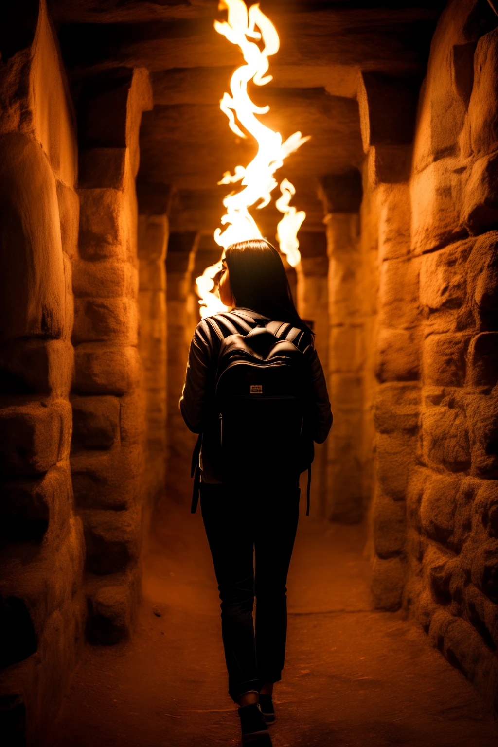 1 lady, 26 year old, brunette color hair, backpacks, Side view, Walk in the dark, Raise the torch. The walls of the maze are carved with ancient symbols and patterns, It seems to be telling a mysterious story. end of the front corridor, A huge treasure chest gleams on the edge, Cinematic