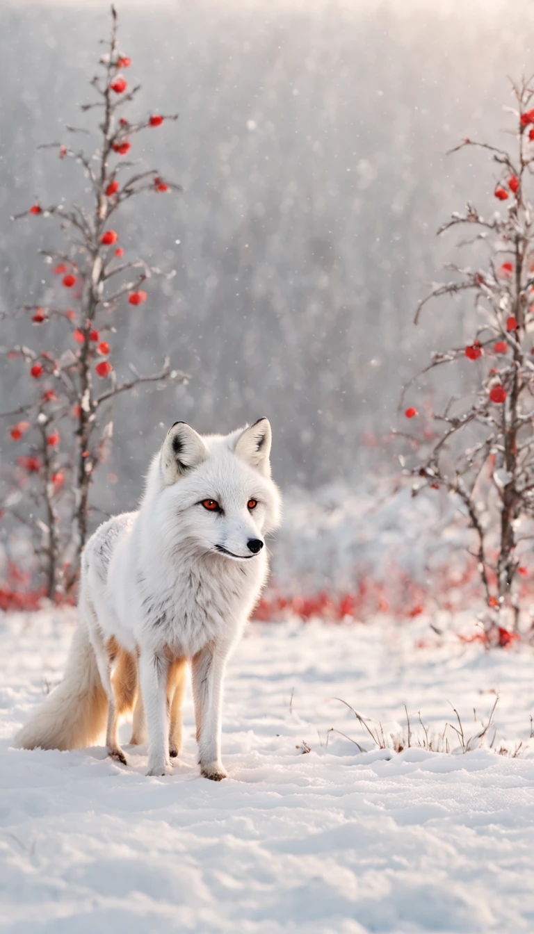 1white fox,red eyes,animal photo,in the winter field,snow,looking far away,fantasic,best quality,masterpiece,8k