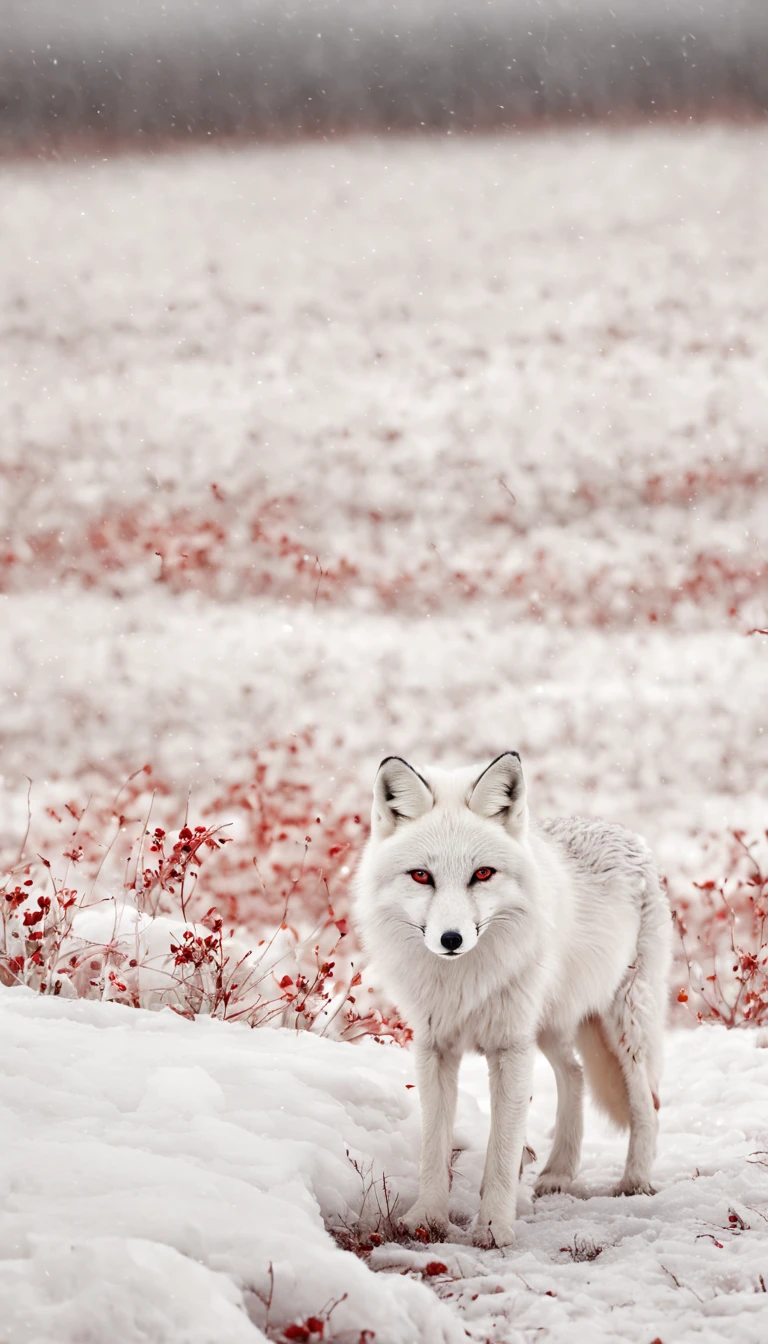 1white fox,red eyes,animal photo,in the winter field,snow,looking far away,fantasic,best quality,masterpiece,8k