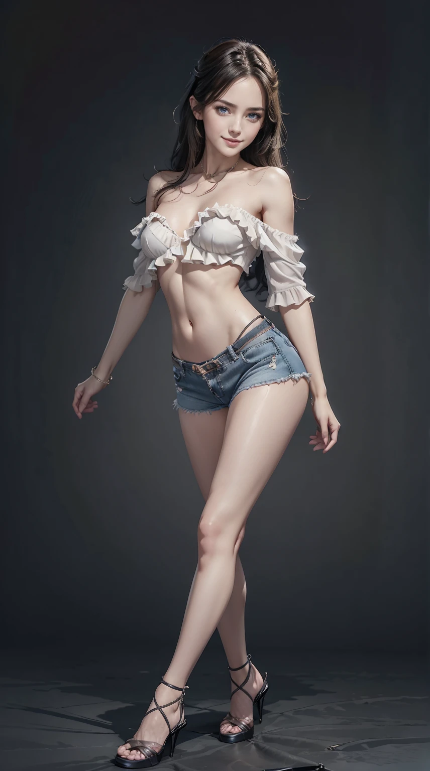 24-year-old Caucasian woman、Hair is brunette、Eye color is blue、Semi-long、Slender but well-proportioned muscular man、My abs are cracked、The belly button is out、a smile、Wearing an off-shoulder top with frills、I&#39;m wearing high leg cut shorts、I'm wearing pin heels、studio shoot