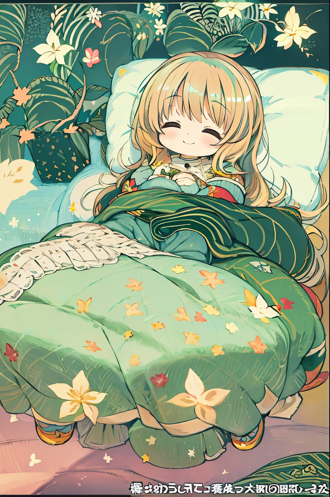 masutepiece, Best Quality, 1 girl, Solo, effect, Dark background, Sleeping in bed with a happy face,Chibi、bbw, Chibi 、Chibi Art, Lori, Cute Anime