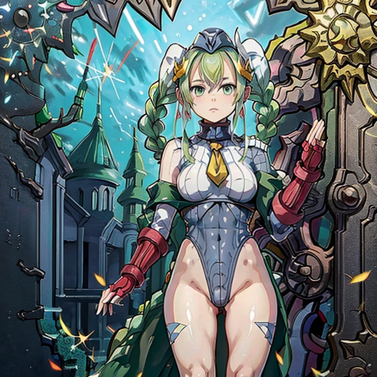 ultra-detailed, Explicit, Beautiful body, Beautiful Nose, Beautiful character design, perfect eyes, perfect face, ultra highres, 4K, beautiful legs, perfect legs, Nice hands, Perfect hand, Masterpiece, Best Quality, Highly detailed, illustration, absurdres, street fighter, doll suit, shadaloo doll, dollsuit, 1girl, solo, expressionless, blank eyes, looking at viewer, red gloves, emotionless, black latex, corrution, mind control, female combatant, full body, hypnotized, unhappy trance, full body suit, ribbed bodysuit, both arms at side, obey, perfect female body, extremely glossy latex, hypnosis, hypnoLora, empty eyes, Mind control device, poses, submissive_pose, Slave, hat, necktie, stand up straight, standing, standing at attention, hat, necktie, belt, latex, ribbed bodysuit, thighhighs, garter belt, Fighting Stance, extending the right arm from the shoulder into the air with a straightened hand, nazi saluting, military, military saluting, salute, thigh boots, Perfect anatomy, perfect hand, perfect finger, Yu-Gi-Oh!, Ikelos the Dream Mirror, green hair, green eyes, twin tails, braid, twin braids