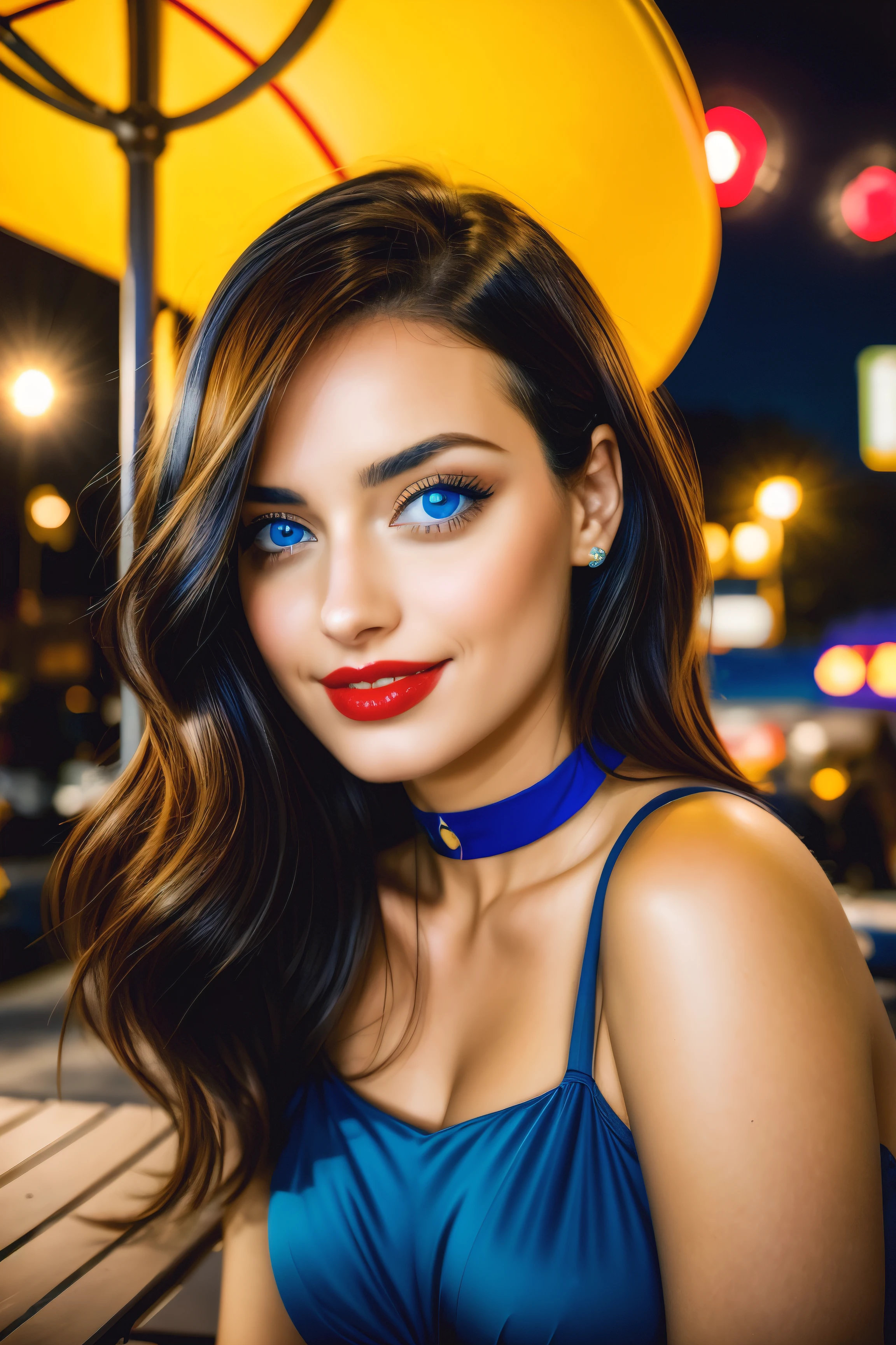 photo 1woman sitting outside in a city at night flash photography detailed face high quality highres analog film grain high saturation red lips smiling blue eyes