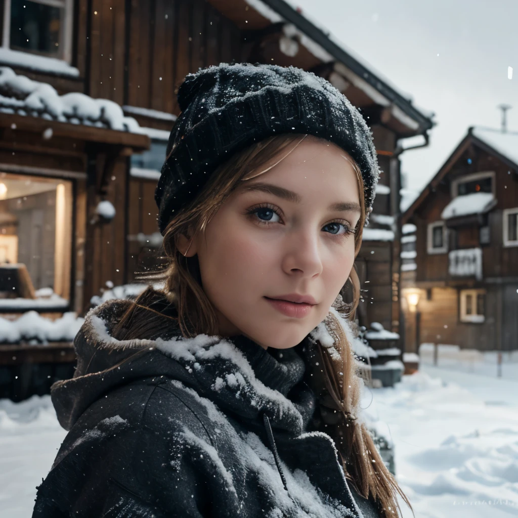 Create a life like photorealistic image of a European girl, background is cinematic snow winter weather in Norway.