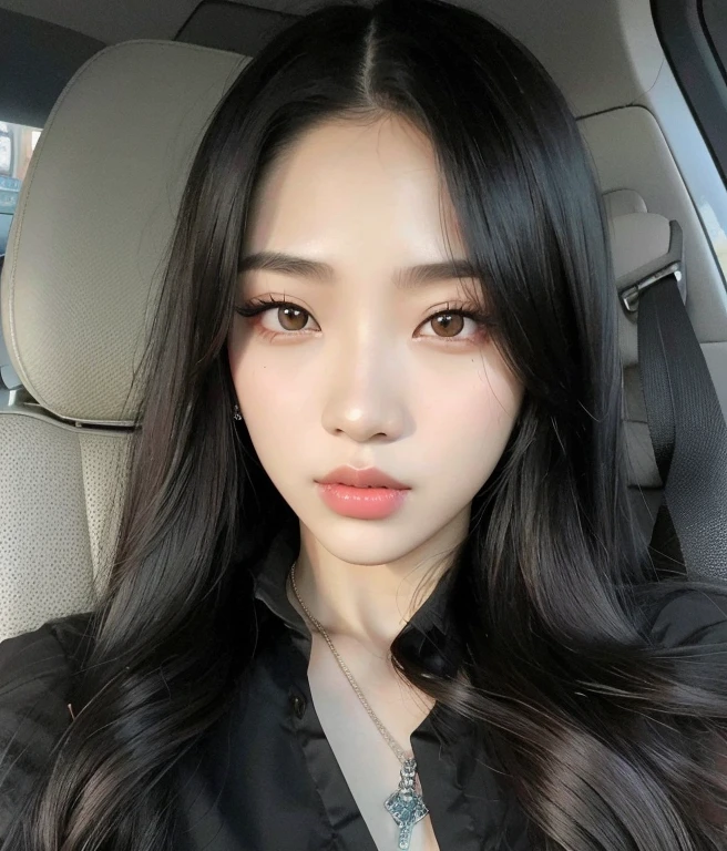 Un primer plano de una mujer con el pelo largo y negro y una chaqueta negra, beautiful south Mujer coreana, Chica coreana, gorgeous young Mujer coreana, cruel korean goth girl, beautiful young Mujer coreana, Asian face, Xision Wu, ulzzang, Mujer coreana, an asian woman, Asian girl, beautiful Asian girl, Rasgos de la cara coreana, asian features, asian women
