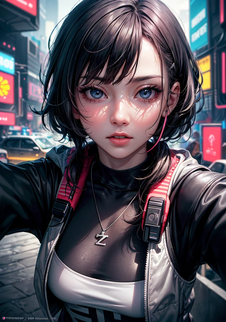 analog style, model shoot tyle, (Selfie:1.8), 1girl in, (Cyberpunk:1.8, Cyberpunk city background:1.8), ((The cutest face: 1.8, Perfect face:1.3)), (short multicolored hair:1.4, pale skin:1.5), (From  above:1.2), Best Quality, epicd (by lee jeffries photo, sony a7, 50 millimeters, pores:1.5, Colors, hyperdetails:1.5, Film grain:1.4, hyper realisitic: 1.5), Octane Render, ultra realistic lifelike textures, masutepiece, unreal enginee 5, the Extremely Detailed CG Unity 8K Wallpapers, Madly detailed photo, Ultra-realistic light, (Pulitzer Prize in Photography、Taylor Wessing Award for Photography)