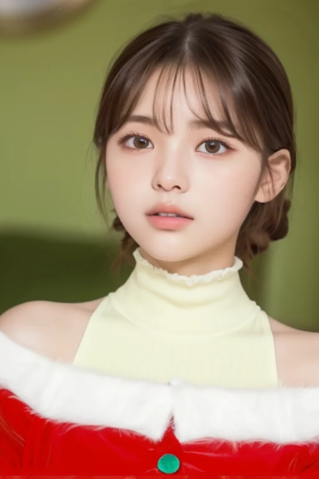 (8K、Raw photo、A hyper-realistic: 1.3)、A 17-year-old idol with a cute baby-faced face.、(bangss、A hyper-realisticな肌の質感: 1.4)、(Looking at the camera、Clear eyes: 1.5)、(santa costume) 、livingroom: 1.4)