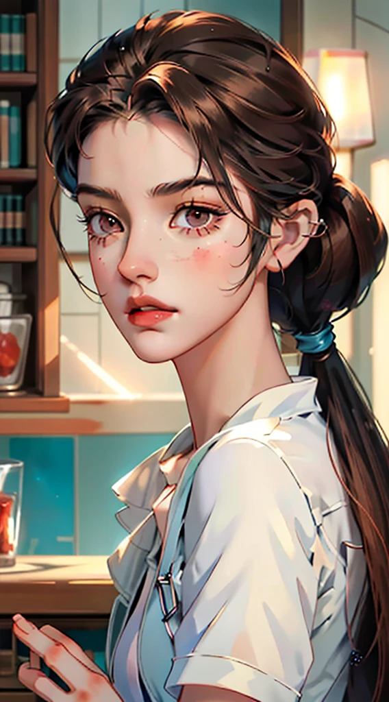 ((tmasterpiece)),((Best quality at best)),8K,high detal,ultra - detailed,depth of fields,extremely detailed CG unreal 8K,style of anime,Guido Daniel,1girll, femele,slim,pretty  face,Hands well proportioned,skin textures,(Different facial features:1.439),耳Nipple Ring,nail polish,cparted lips,cosmetics,[Practical special effects lighting|ambientlighting|Twinkle light|Side lighting|shelf lighting],(swimmning),Light brown hair,[high ponytails|hair between eye|,