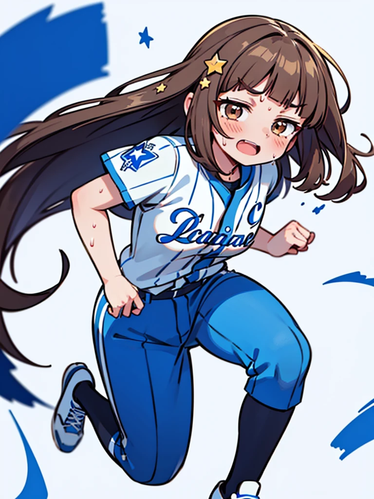 1girl, (solo), bow,
((Blunt bangs)), brown hair, brown eyes, long straight hair, ((silver-star-hairpin on her right bang)), ((baseball uniform)), ((blue stripe uniform)), ((Yokohama DeNA Baystars)), simple white background, full body, ((running)), open mouth, (punch), laugh, jump, sweat,
masutepiece, ultra-detailliert, best quality, 4K, 8K,