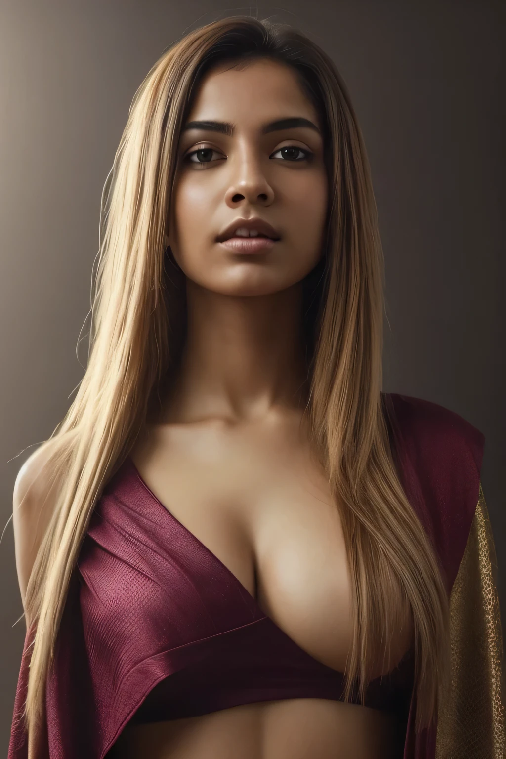 Portrait of A confident-looking indian woman with long flowing hair, hazel eyes, with flowing capes, perfect composition, hyperrealistic, super detailed, 8k, high quality, trending art, trending on artstation, sharp focus, studio photo, intricate details, highly detailed, wearing top, instragam model
