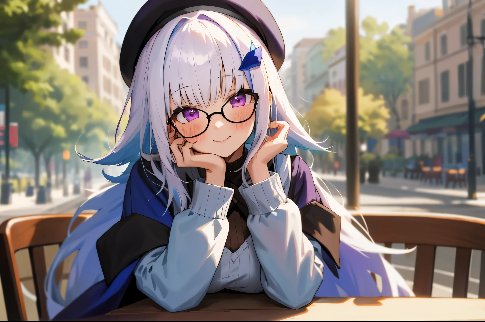 One girl with long hair, bangs, white hair, blue inner hair:1.25) , purple eyes, looking at viewer, blushing, little smile, outdoor, cafe, table, sitting, sweaters, beret, glasses, mid-chest, day atmosphere, hair ornament, medium breasts, upper body, focus, blurry background, food, hands in face