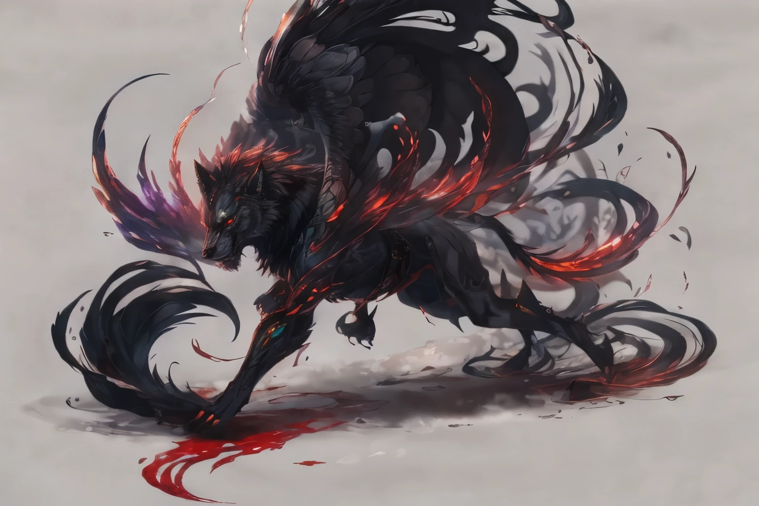 there is a drawing of a wolf with blood on it, dark fantasy style art, epic fantasy art style, by Yang J, badass anime 8 k, epic fantasy digital art style, black lion with peacock wings, epic fantasy style art, epic fantasy art style hd, 4k fantasy art, by Lisa Nankivil, illustration concept art, fantasy art style