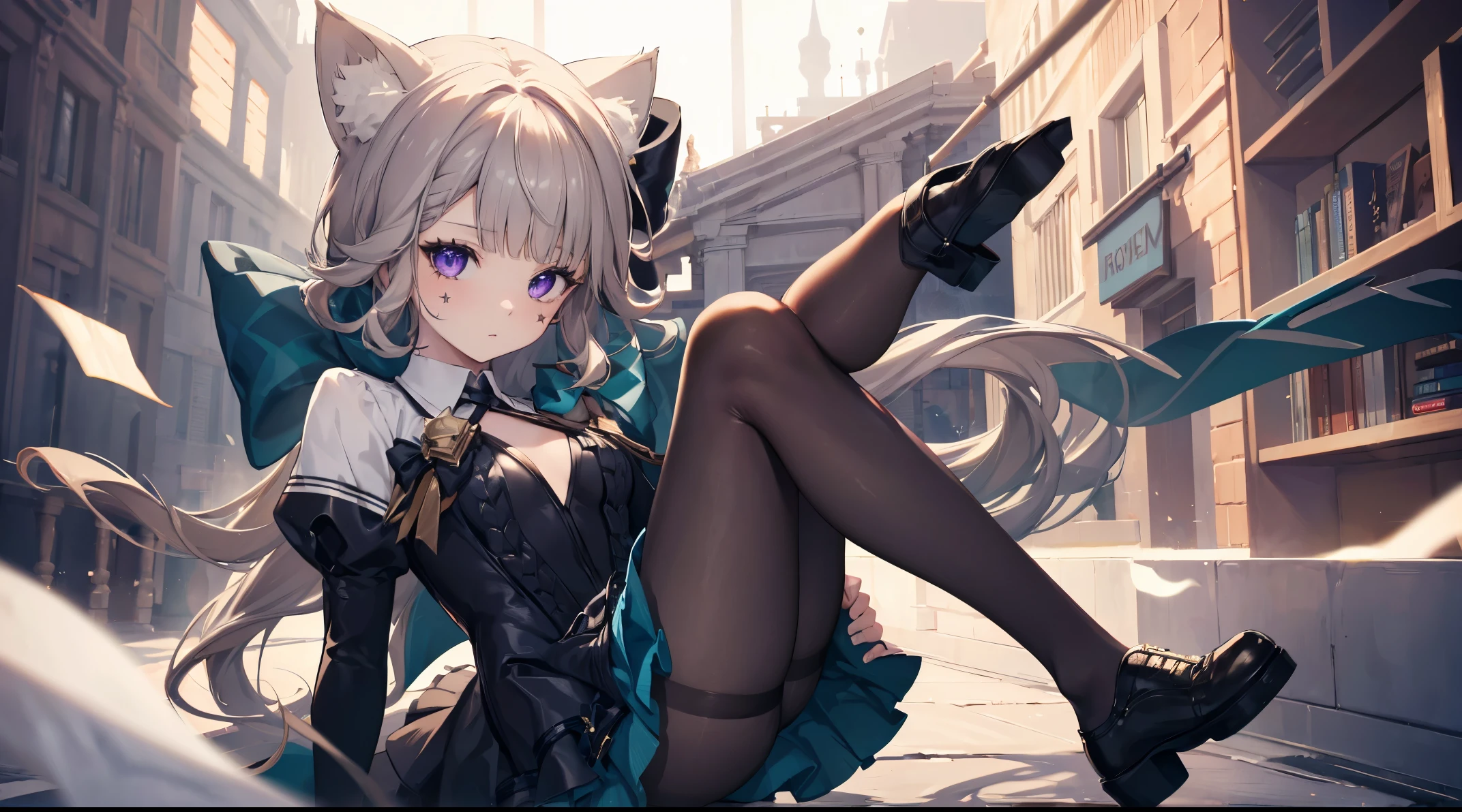 (((4k, masterpiece, top-quality))) ,8k, best quality, high resolution, HD, unity 8k wallpaper, (((illustration))), beautiful detailed eyes, extremely detailed face, perfect lighting, extremely detailed CG, lynette, animal ear fluff, animal ears, cat ears, hair bow, (purple eyes:1.1), brown hair, (((single star on left cheek))), bow, green bow, hat, leotard, long sleeves, miniskirt, pantyhose, skirt, top hat, shrug (clothing)