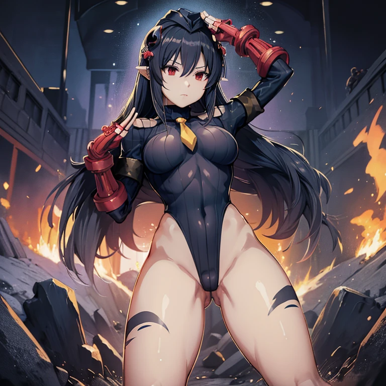 ultra-detailed, Explicit, Beautiful body, Beautiful Nose, Beautiful character design, perfect eyes, perfect face, ultra highres, 4K, beautiful legs, perfect legs, Nice hands, Perfect hand, Masterpiece, Best Quality, Highly detailed, illustration, absurdres, street fighter, doll suit, shadaloo doll, dollsuit, 1girl, solo, expressionless, blank eyes, looking at viewer, red gloves, emotionless, black latex, corrution, mind control, female combatant, full body, hypnotized, unhappy trance, full body suit, ribbed bodysuit, both arms at side, obey, perfect female body, extremely glossy latex, hypnosis, hypnoLora, empty eyes, Mind control device, poses, submissive_pose, Slave, hat, necktie, stand up straight, standing, standing at attention, hat, necktie, belt, latex, ribbed bodysuit, thighhighs, garter belt, Fighting Stance, extending the right arm from the shoulder into the air with a straightened hand, nazi saluting, military, military saluting, salute, thigh boots, Perfect anatomy, perfect hand, perfect finger, Yu-Gi-Oh!, Traptrix Atrax, black hair, long hair, spider, red eyes