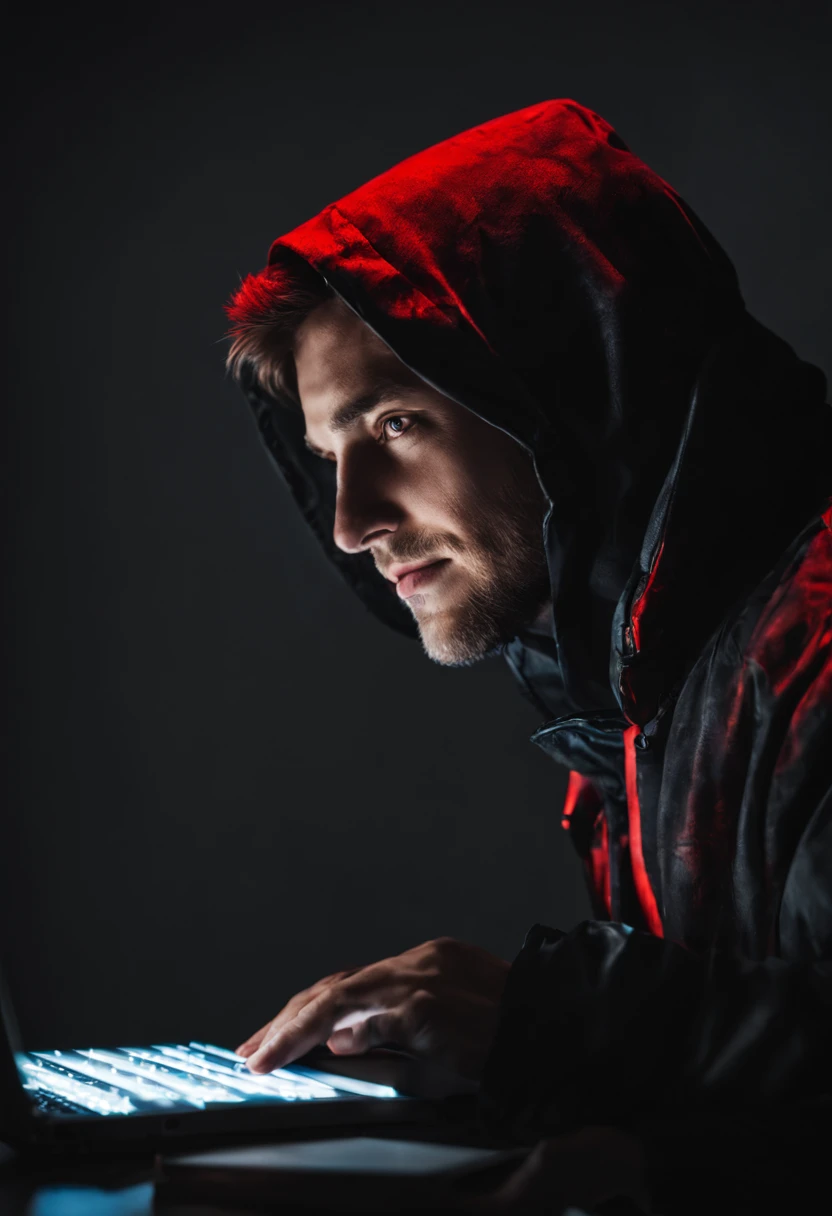 homme animé avec un air sombre et maussade, avec des yeux rouges brillants et un sourire malicieux, dans un ordinateur puissant avec des courants électriques visibles circulant dans son corps, tandis que des ombres menaçantes l'entourent, (sinistre:1.2), (Éclairage sombre et morose), (atmosphère inquiétante), (Contraste entre la lumière et l’obscurité)