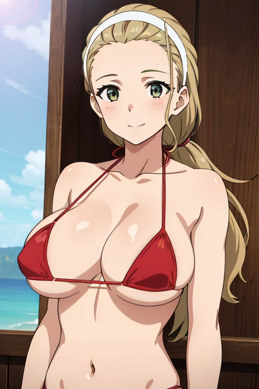 (masterpiece, best quality, high resolution, anime colored, 8k, photorealistic), Akebi Sasaki, hairband, 1girl, (), dark green eyes, smile, blush, (sagging huge breast:1.5), (red micro bikini:1.5), cleavage, arms behind back, (from the front:1.8, upper body:1.5), slim, sunlight, (perfect detailed anatomy, perfect detailed body, beautiful detailed hair, beautiful detailed face, beautiful detailed eyes, beautiful detailed breast, beautiful detailed bikini)