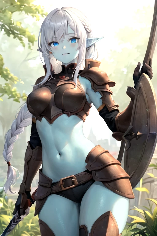 masterpiece, best quality, ultra-detailed, 1 girl, goblin girl, female goblin, goblin, 1girl, green skin, long pointy ears, white hair, long braided hair, blue eyes, bangs, medium breasts, smile, belts armor, sword and shield, curvy