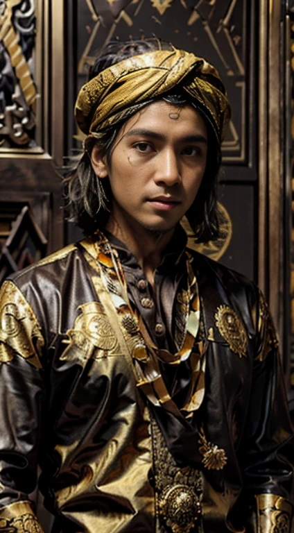 Handsome men raden, realistic, brown eyes, Black hair, Javanese tradisional dress, with Javanese turban, gold batik