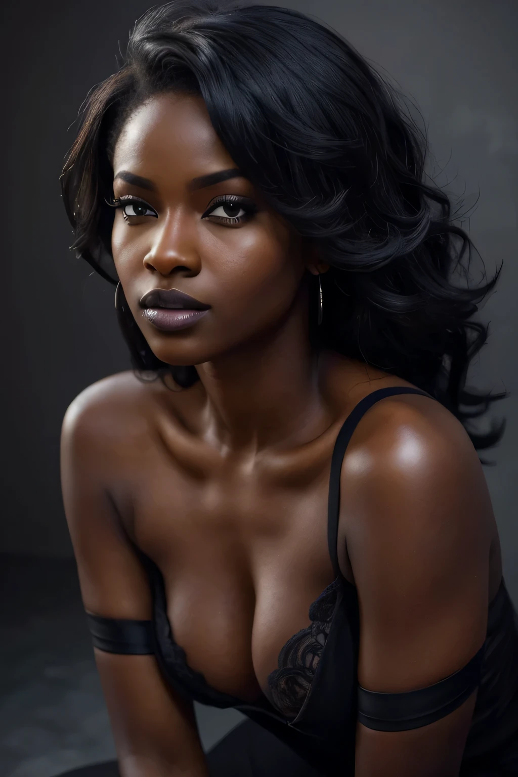 ebony woman, (to8contrast style), open mouth, 8k RAW photo, highest quality, detailed hazel eyes, eye reflection, winged eyeliner, (looking at the viewer:1.3), best shadow, intricate details, interior, (bold hair:1.3), muted colors, high contrast style, glam shot, smoldering, (sultry:1.1), dof, bokeh, intense, languid, tempting, , seductive, longing, yearning, smitten, dark photography studio, minimal lighting, deep shadows, stark contrasts, dramatic highlightlack backdrop:1.2), dimples, fullness, plumpness, natural blue lips, bold color, alluring, captivating, striking, unforgettable, stunning, breath-taking, timeless beauty. (bare shoulders:1.2), headshot