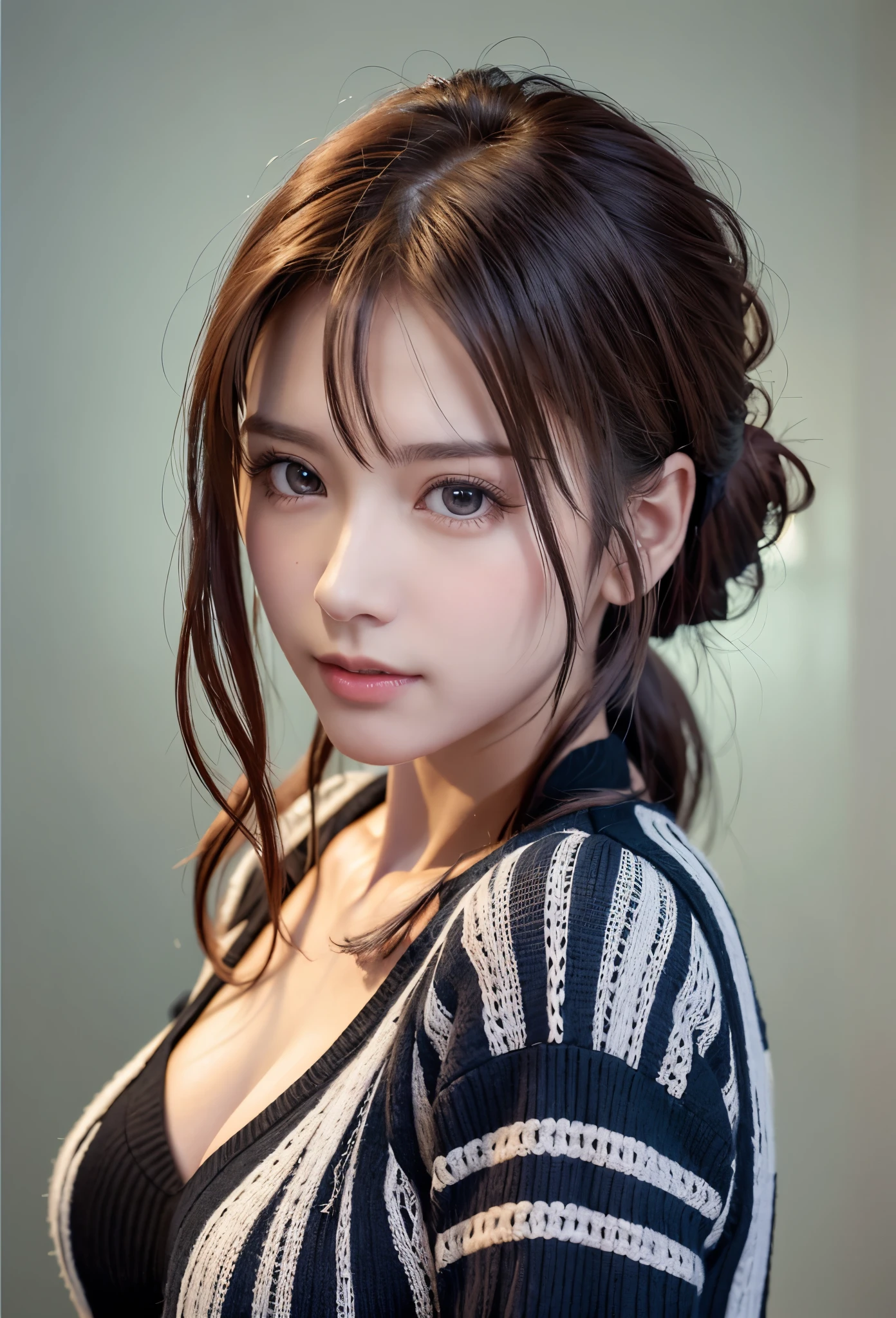 8K, of the highest quality, masutepiece:1.2), (Realistic, Photorealsitic:1.37), of the highest quality, masutepiece, Beautiful young woman, Pensive expression,、A charming、and an inviting look, Oversized knitwear、cleavage of the breast, Hair tied back, Cinematic background, Light skin tone