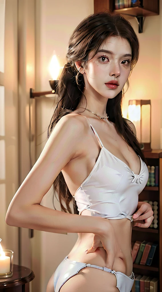 ((tmasterpiece)),((Best quality at best)),8K,high detal,ultra - detailed,depth of fields,extremely detailed CG unreal 8K,style of anime,Guido Daniel,1girll, femele,slim,pretty  face,Hands well proportioned,skin textures,(Different facial features:1.439),耳Nipple Ring,nail polish,cparted lips,cosmetics,[Practical special effects lighting|ambientlighting|Twinkle light|Side lighting|shelf lighting],(swimmning),high-waist，one piece swimsuit，Light brown hair,[high ponytails|hair between eye|,Bare legged，The barefoot，