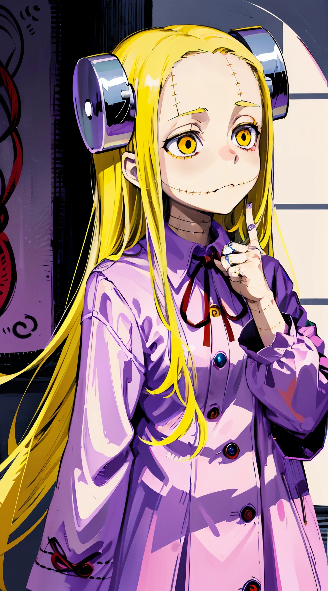 Madaraki_Fran,A girl ,stands,concerned,the madhatter ,surgeon ,Holds out his hands,worries about the patient, hairlong , yellow hair,seams , Scars on the body , A creepy look , scary eyes , An intimidating look , creepy smile , bags under eyes, ((((Tired))))