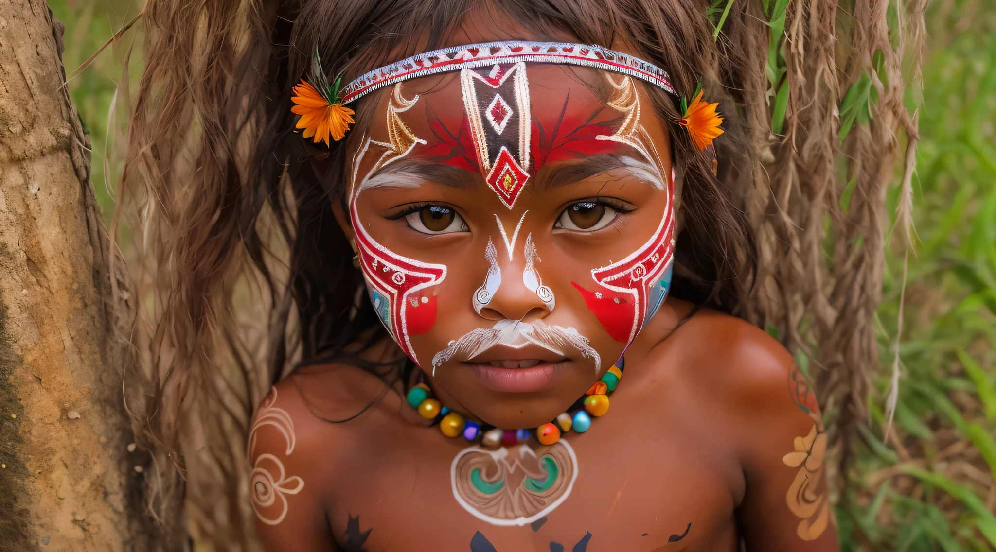 image of a child with a painted face, marcas tribais faciais, atmosfera vermelha tribal, imagens tribais antigas, Arte Kazuo Umezu, ayahuasca shaman, Shipibo, xamanismo, tribo antiga, Indigenous, pinturas tribais do rosto, brutal blooded symmetrical face,