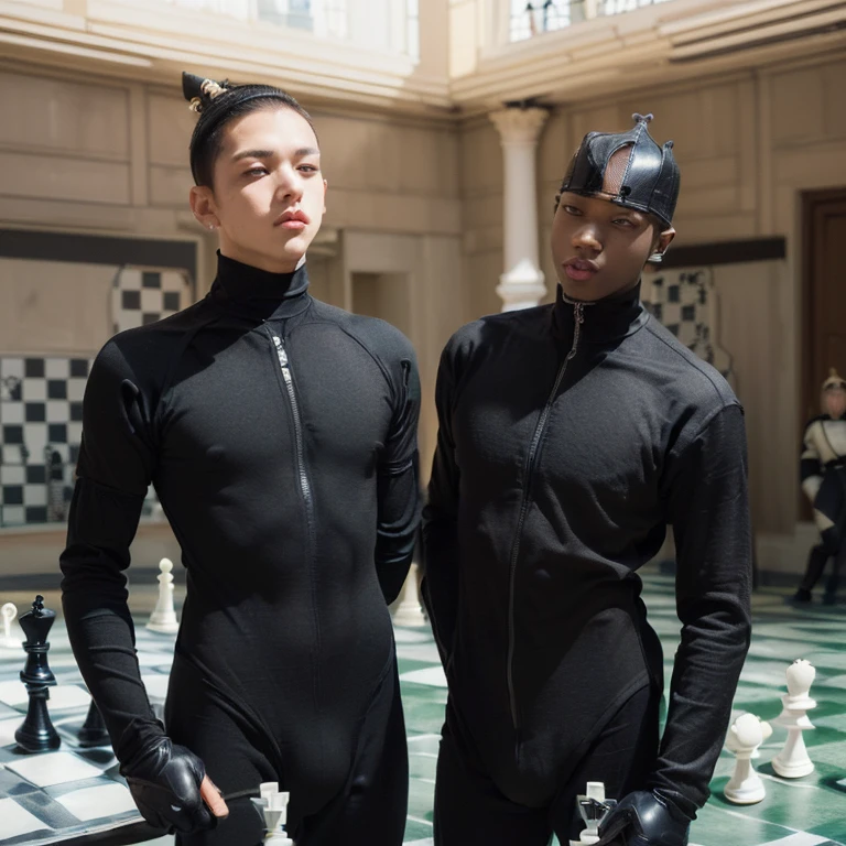 (2boys, empty background, chessboard floor, human chess, boys dressed in skintight chess piece bodysuits, (black pawn) kills (white king):1.5)