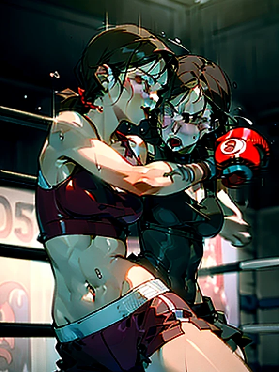 Mature woman boxer, reddish brown hair, long hair, sexy lips, purple leotard, red lip, (((boxing gloverown skin, two women, absent-minded, ((being punched by another dark-haired woman)), ((belly punch))), sweat and saliva all over the body, inferiority, on the verge of fainting, steam, bedroom, (((boxing play)), body blow