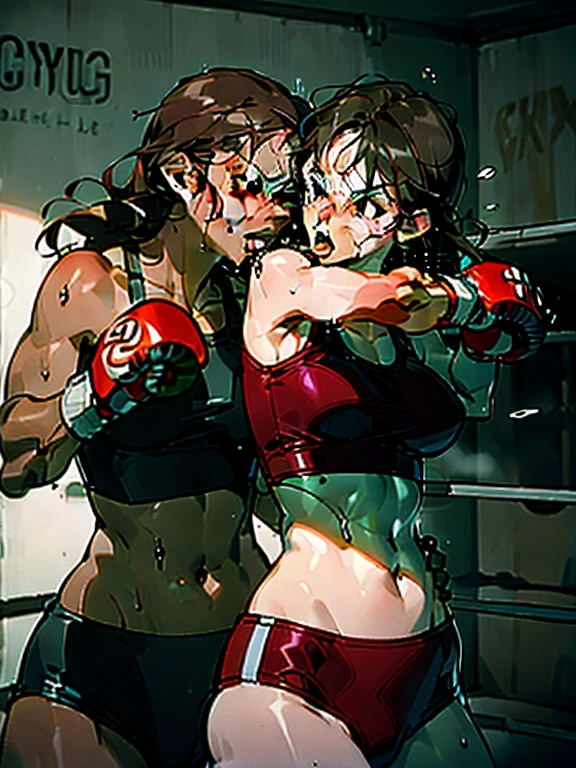 Mature woman boxer, reddish brown hair, long hair, sexy lips, purple leotard, red lip, (((boxing gloverown skin, two women, absent-minded, ((being punched by another dark-haired woman)), ((belly punch))), sweat and saliva all over the body, inferiority, on the verge of fainting, steam, bedroom, (((boxing play)), body blow