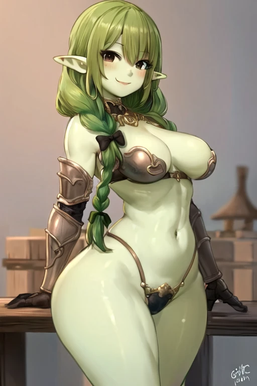 masterpiece, best quality, ultra-detailed, 1 girl, goblin girl, female goblin, goblin, 1girl, green skin, long pointy ears, green hair, long braided hair, black eyes, bangs, medium breasts, smile, belts armor, bow, curvy