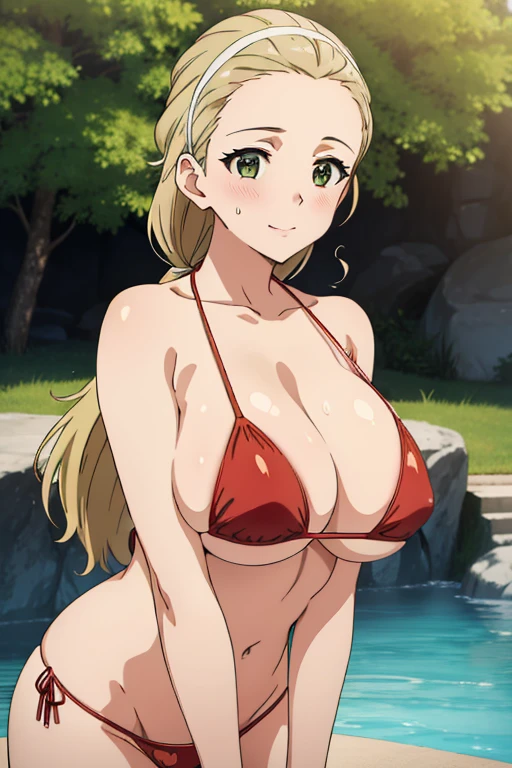 (masterpiece, top-quality, detaile, hight resolution, extremely delicate and beautiful, anime screen cap, anime colours, 8k, photorealistic), (red Micro Bikini:1.5), (huge drooping breasts:1.5, cleavage:1.5), Leaning forward:1.5, akebi sasaki, hairband, 1girl, (), dark green eyes, smile, blush, (down arms:1.3, Upper body:1.5, breasts forcus), ((perfect detailed anatomy, Beautiful details eyes,&hair, beautiful face, beautiful detailed breast&body, Shiny skin)), in poolside, Sweat,