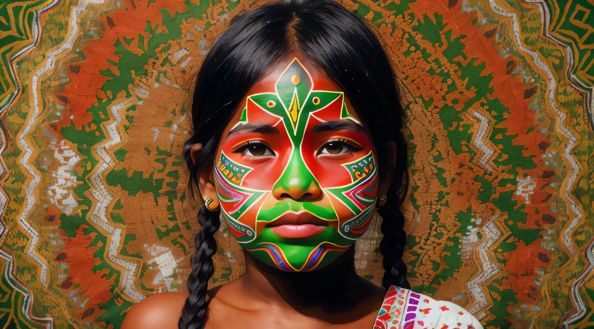 image of a GIRL child with a painted face, marcas tribais faciais, atmosfera vermelha tribal, imagens tribais antigas, Arte Kazuo Umezu, ayahuasca shaman, Shipibo, xamanismo, tribo antiga, Indigenous, pinturas tribais do rosto, brutal blooded symmetrical face,