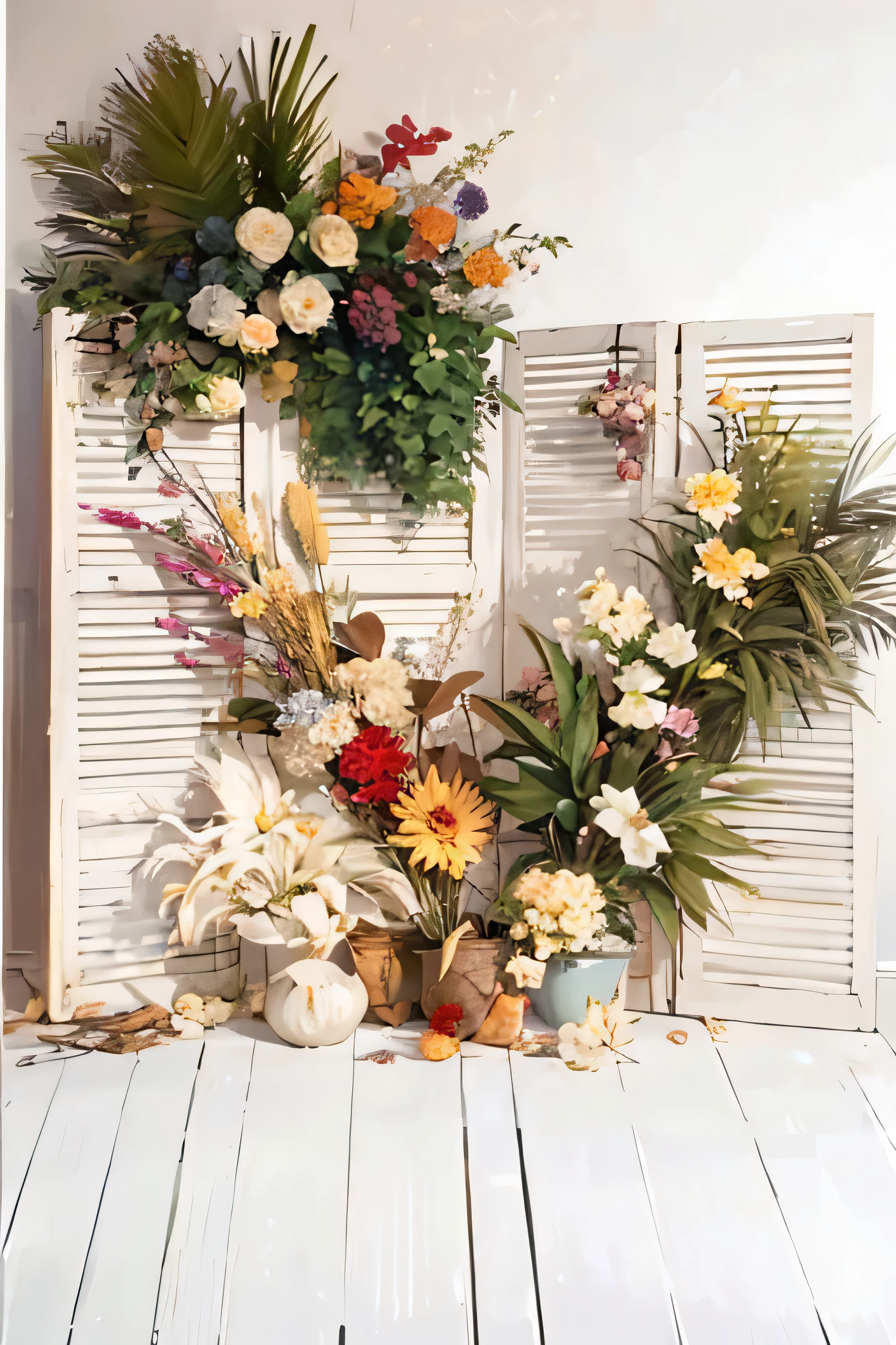 there are two vases with flowers and plants on a white table, dried flowers, with flowers and plants, dried flower, flower decorations, made of dried flowers, dried plants, flowers in background, floral painted backdrop, rustic, nature and floral aesthetics, beautiful composition, displayed, flowers and plants, decorative flowers, flower, made of colorful dried flowers