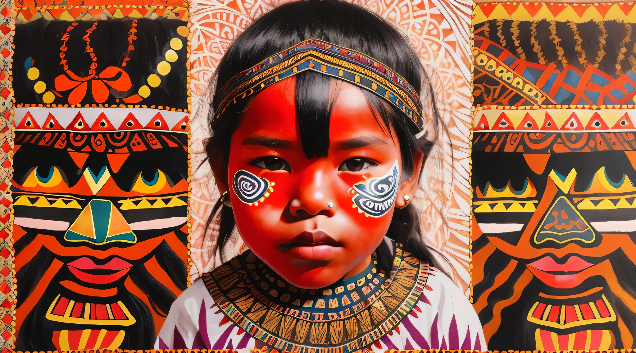 image of a GIRL child with a painted face, marcas tribais faciais, atmosfera vermelha tribal, imagens tribais antigas, Arte Kazuo Umezu, ayahuasca shaman, Shipibo, xamanismo, tribo antiga, Indigenous, pinturas tribais do rosto, brutal blooded symmetrical face,