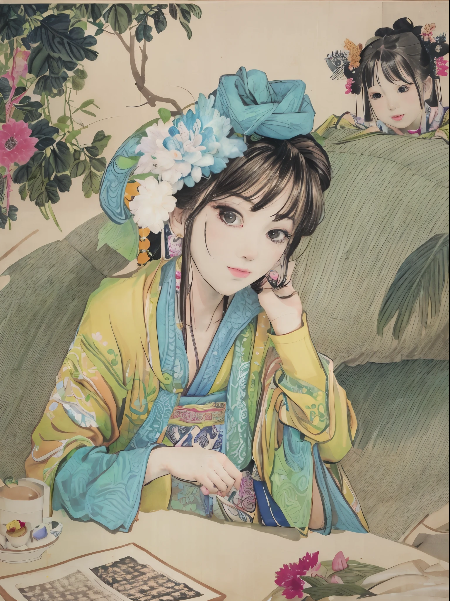 a close up of a full colour painting of people in a landscape, ancient chinese beauties, qing dynasty painting, by Wang Lü, su fu, mu pan, by Lü Ji, song dynasty, ancient china art style, chinese painting, robed figures sat around a table, by Wang Hui, by Yun Du-seo, old chines painting, traditional chinese painting, holding a cat, lace,