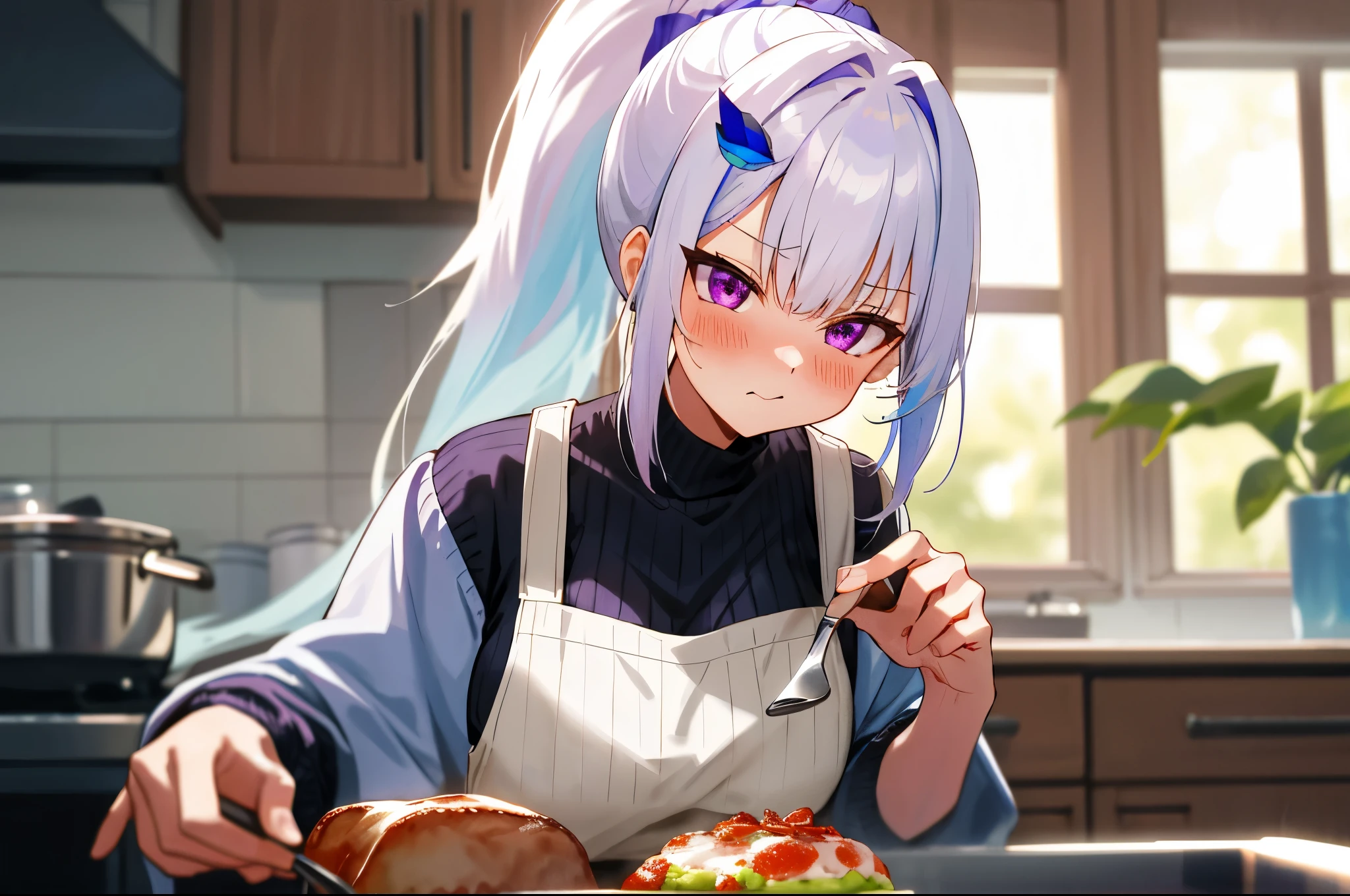 One girl with high ponytail hair, bangs, white hair, blue inner hair:1.25) , purple eyes, blushing, serious expression, indoor, Cooking food, kitchen, sweaters, apron, mid-chest, day atmosphere, hair ornament, medium breasts, upper body, focus, blurry background, food