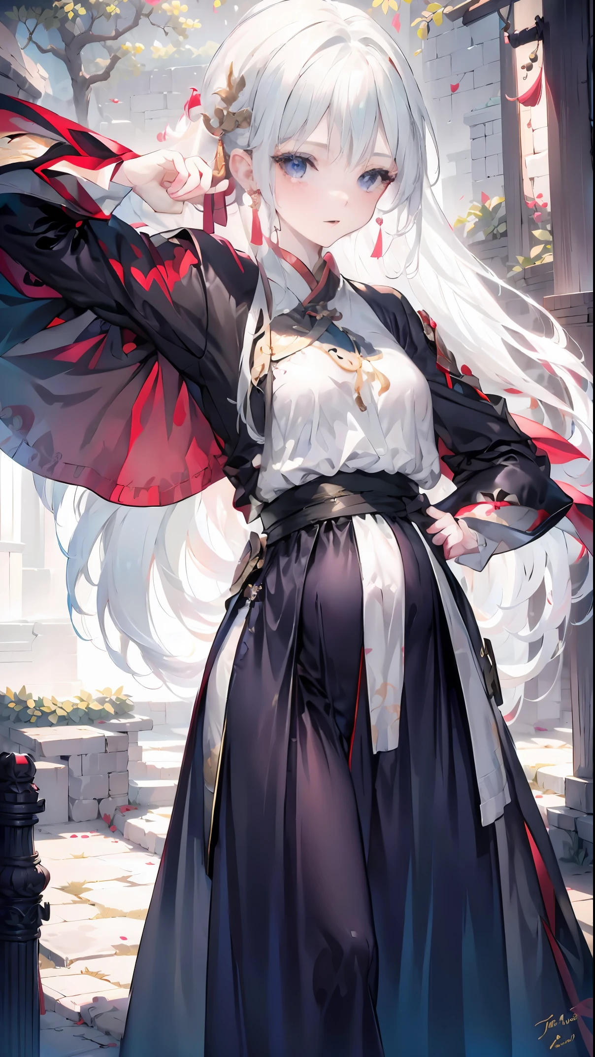 Golden hairpin, white ash hair, black shirt, white skirt, (black cloak:1.2), pale face, sweating, heavy breath, blushing, pregnancy  dresest quality:1.2), ultra-detailed,realistic ,portraits, vivid colors, soft lighting, interesting PoV, stocking, straight hair, pregnant, Pregnant  belly, anime girl, solo girl, light blue eyes, Chinese sword, swing sword