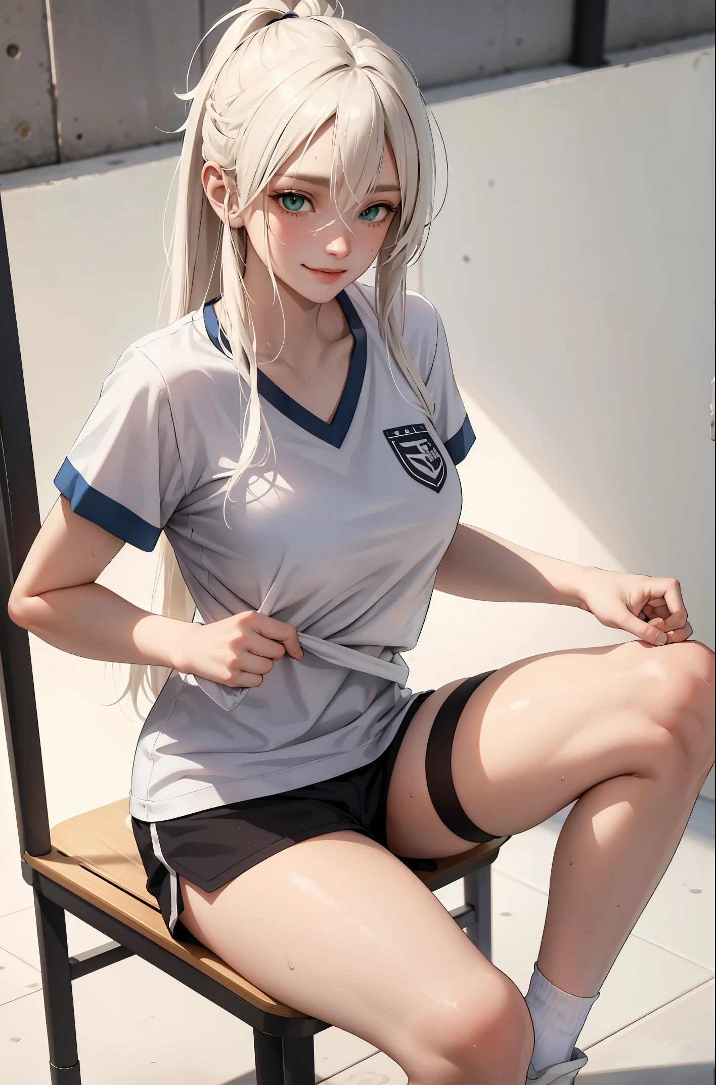 (masterpiece:1.2, best quality), (real picture, intricate details), 1lady, solo, upper body, showing legs, sitting down, school , school settings, long hair, minimal makeup, detailed face, smiling, really long light platinum blonde hair, long hair, bangs, hair between eyes, green eyes, big plump breasts, big ass, SFW, clothes, school PE uniform, white shirt, t-shirt, tight shirt, tight school t-shirt, white socks, sweaty socks, school PE short, gym shorts, PE shorts, sweaty, super sweaty, extreme sweat, sweat wet, (3D)