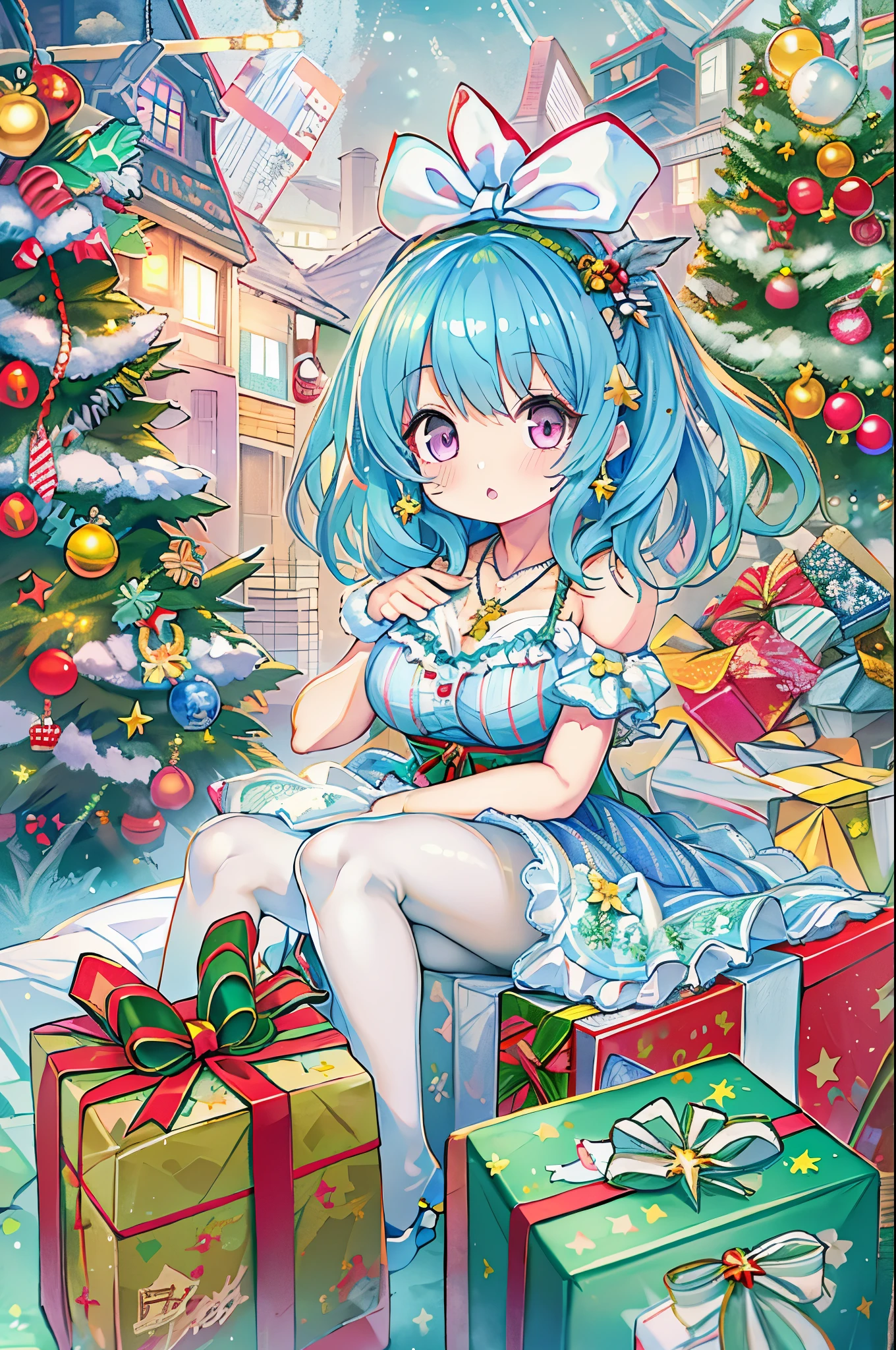 1girl in, Bangs, Blue hair, Bow, Box, 手链, Christmas, Christmas tree, Cowboy Shot, Dress, earrings, fish net, flower, gift, gift box, Hair Ornament, Hamel, Jewelry, Looking at Viewer, multicolored hair, Necklace, pantyhose, Parted lips, Purple eyes,