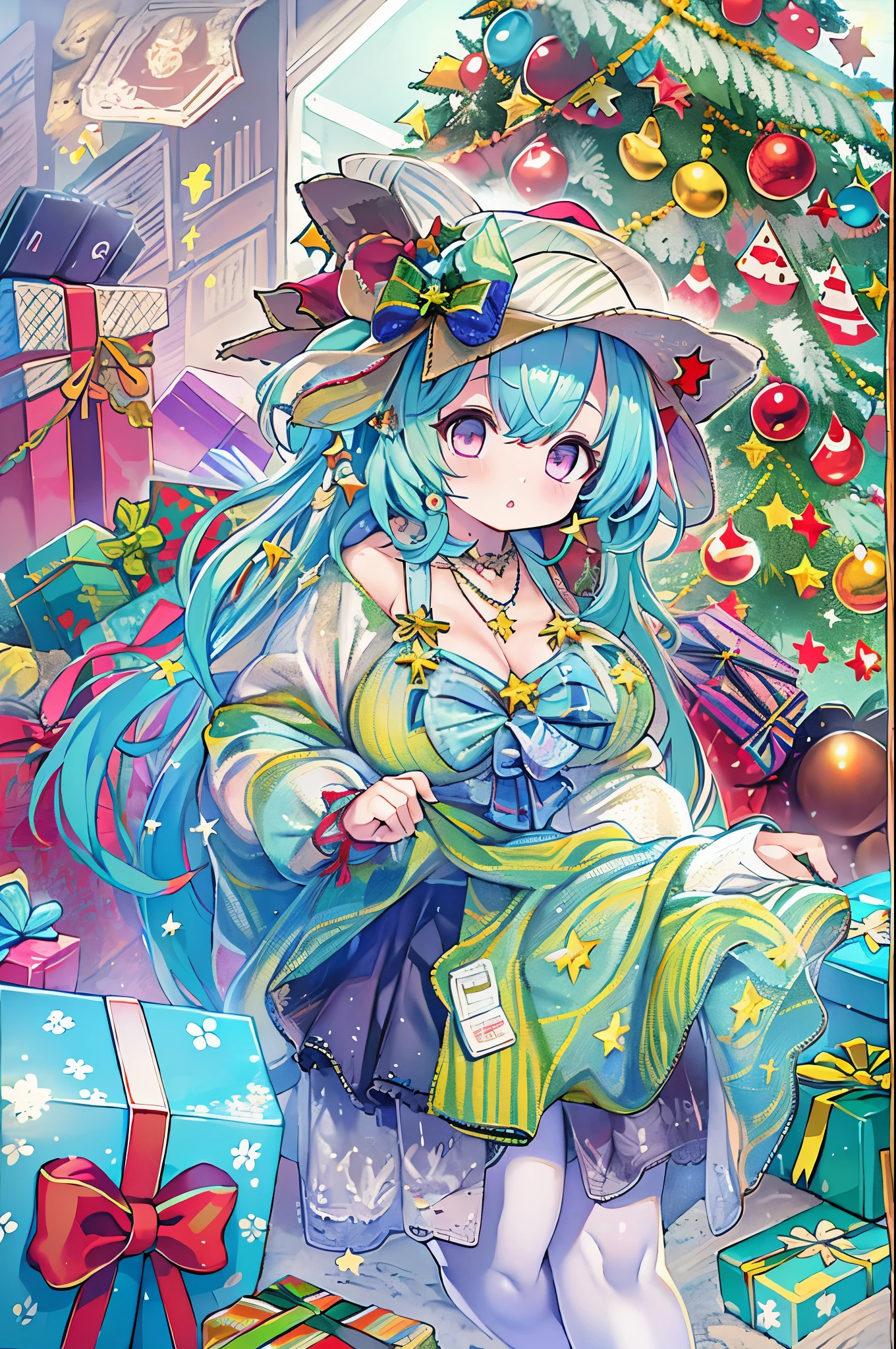 1girl in, Bangs, Blue hair, Bow, Box, 手链, Christmas, Christmas tree, Cowboy Shot, Dress, earrings, fish net, flower, gift, gift box, Hair Ornament, Hamel, Jewelry, Looking at Viewer, multicolored hair, Necklace, pantyhose, Parted lips, Purple eyes,bbw、huge-breasted