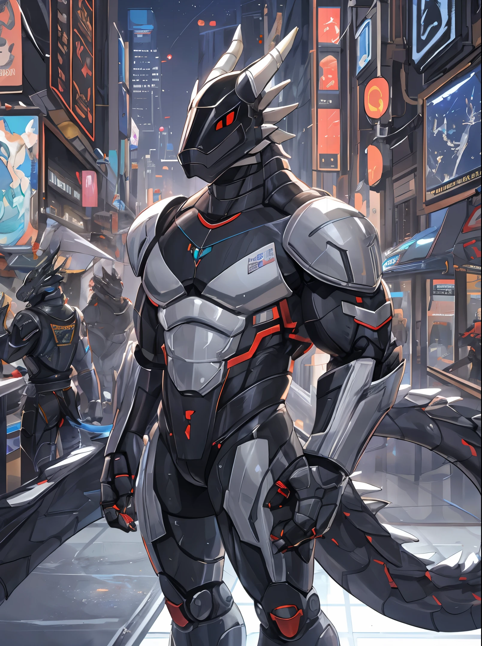 male, Muscular, synth (vader-san), robot, cybrog, android, dragon, Silver Dragon, Robo Dragon, Cyber Cities, futuristic city