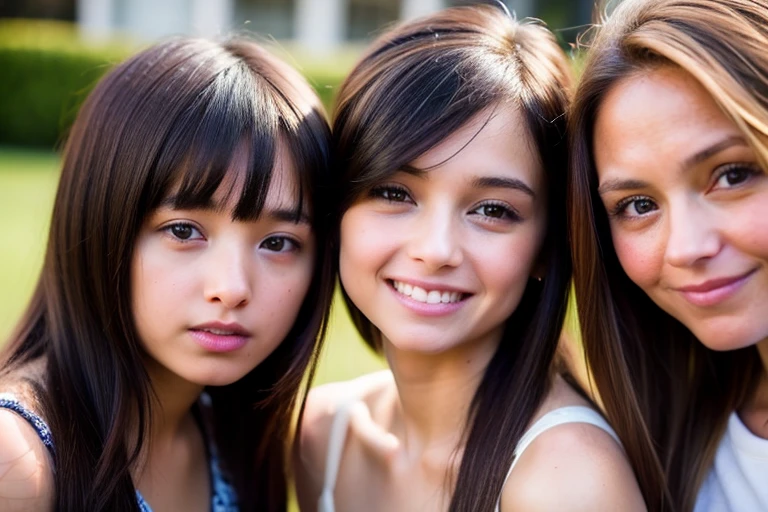 three girls are posing for a photo in the forest, beautiful girls, young girls, cute girls, 3 sisters look at each other in the mirror, beautiful faces, light-skinned african girl, by irakli swim, by Miroslava Sviridova, with a white complexion, beautiful portrait, varied ethnicities, 3 young and beautiful women, beautiful faces, girls resting WITH THEIR EYES CLOSED.