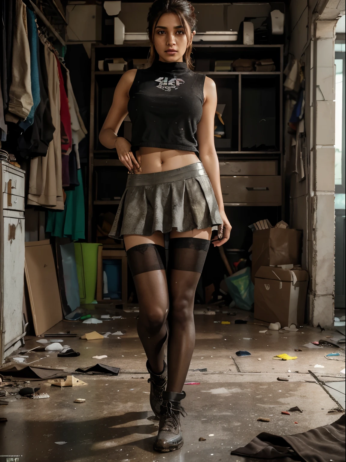 Unreal Engine rendering, Substance 3D, Octane rendering, (hdr:1.3), (messy run-down street store, all over the floor), Crash, combat damage style, overgrown weeds, a gorgeous Pakistani female, hazel eyes, is standing in the middle of the floor, she’s wearing a short skirt, pantyhose, no shoes, she looks lost