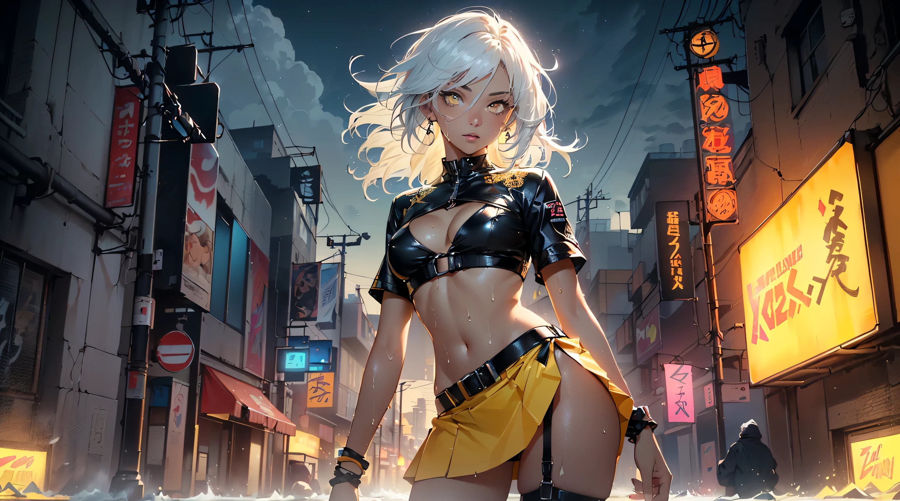 dark skin,very dark skin,dark_skin,
girl rave,(((1girl))),((girl with extremely cute and beautiful white hair)),

(large breasts:1.4),saggy breasts,(((white hair:1.35,straight hair,long hair:1.4,colored inner hair,ear breathing))),(((very light yellow eyes:1.3))),intricate eyes,beautiful detailed eyes,symmetrical eyeat)),((((black girl,black skin,dark-skinned_female,dark skin:1.3,ebony skin,lustrous skin:1.5,bright skin: 1.5,shiny skin,very shiny skin,shiny body,plastic glitter skin,exaggerated shiny skin,shiny skin like ebony,illuminated skin, wet legs))),(spider lower abdomen,narrow waist,wide hip,athletic body,inflated legs,delicate detailed fingers,detailed body,human hands,(detailed face)),

cute,slutty,seductive,erotic,(((nsfw))),

zettai ryouiki,revealing clothing,show skin,((rave shirt with an yellow print,rave mini-skirt,visible thong straps)),(wearing a rave outfit:1.3,rave clothes,semi-naked,with little clothing),((wet clothes,intricate outfit,intricate clothes)),


(dynamic pose:1.0),solo focus,embarrassed,(centered,scale to fit dimensions,Rule of thirds),

cyberpunk city by the ocean at night, with bright neon signs and dark stormy clouds and puddles, scenery:1.25,

highres, sharp focus, (ultra detailed, extremely detailed), (photorealistic artwork:1.37),(extremely detailed CG unity 8k wallpaper),((synthwave background theme)),(((vibrant colors))),(intricate background),(masterpiece),(best quality),