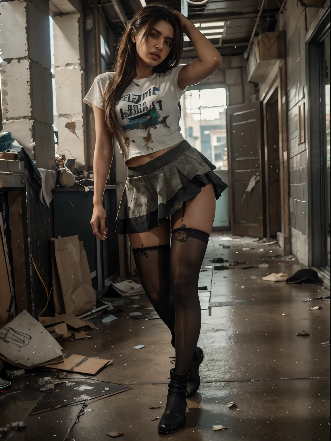 Unreal Engine rendering, Substance 3D, Octane rendering, (hdr:1.3), (messy run-down street store, all over the floor), Crash, combat damage style, overgrown weeds, a gorgeous Pakistani female, hazel eyes, is standing in the middle of the floor, she’s wearing a short skirt, pantyhose, no shoes, she looks lost